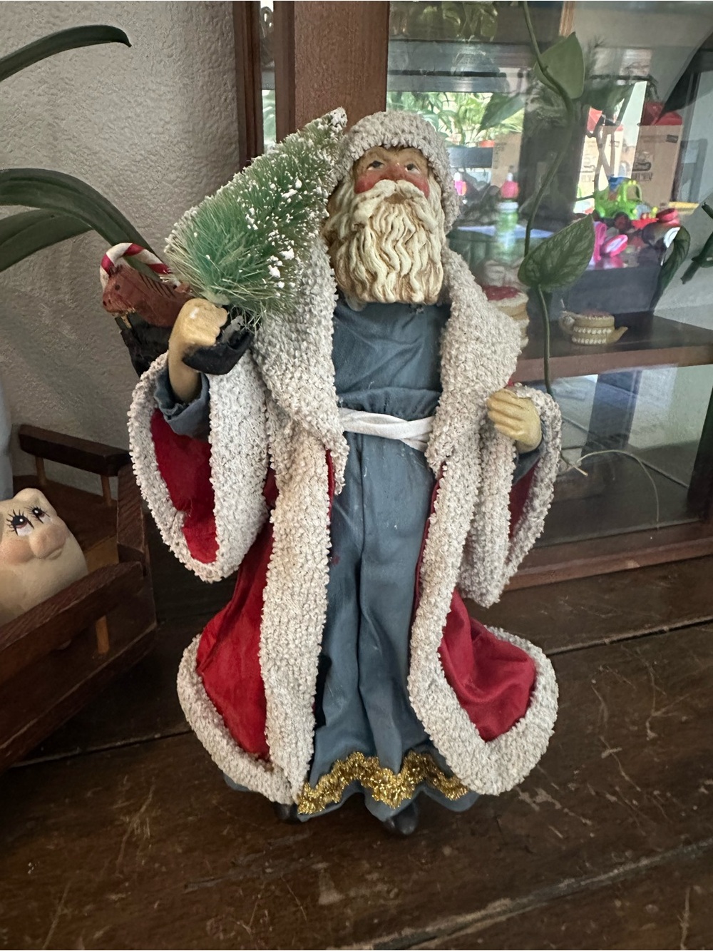 Vintage Classic Red and Blue Fabric Mache Santa Holiday Figurine